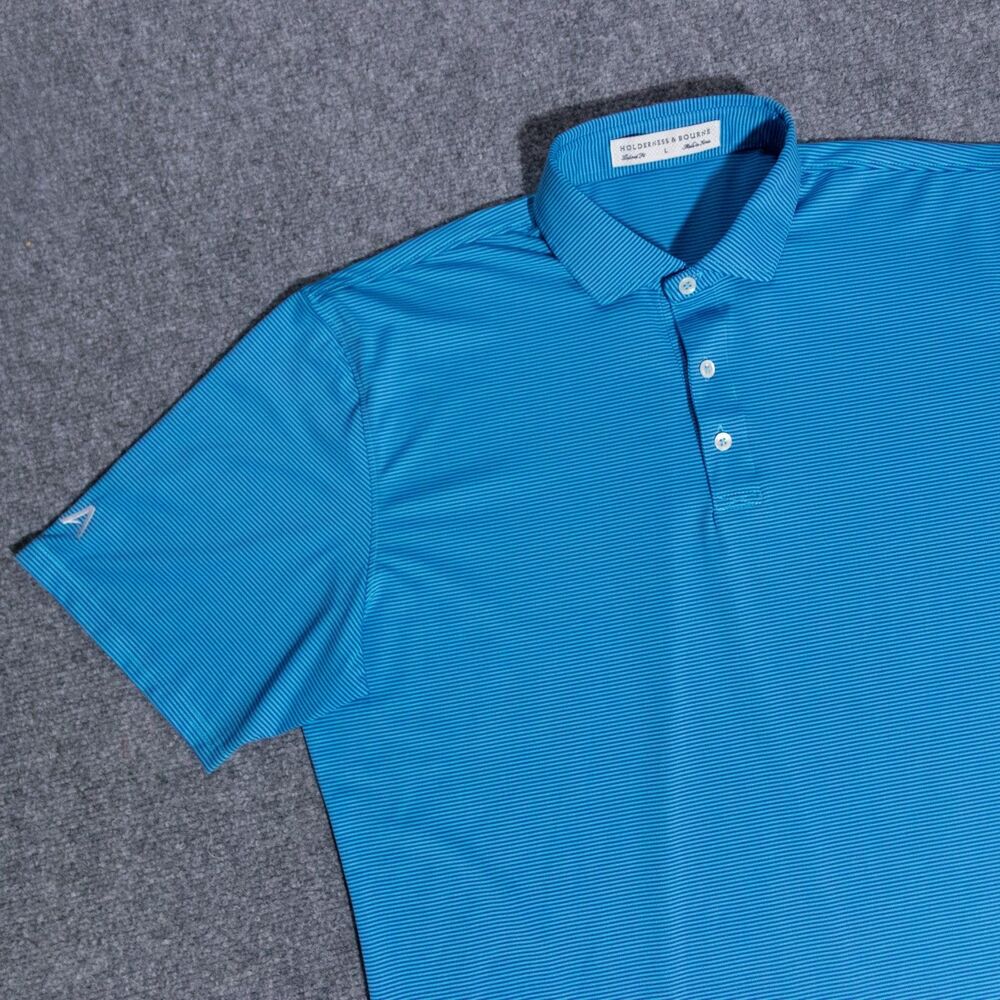 Holderness & Bourne Perkins Striped Blue Performance Golf Polo Shirt Mens Large